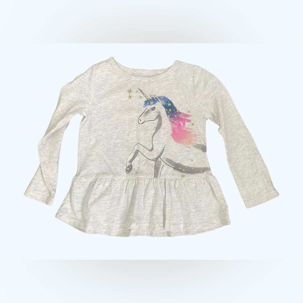 Carter’s 2T Unicorn Girls T-shirt, Light Grey Cotton Blend Long Sleeve, Ruffle